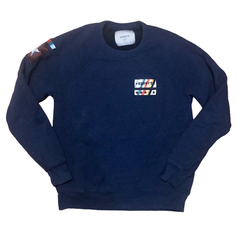 Barry’s Bootcamp navy blue pullover sweatshirt patch logo chest & shoulder, XS
